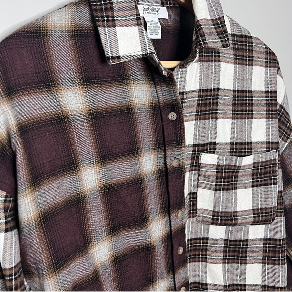 Just Polly Brown & Gray Plaid Button-Up Flannel Boxy Relaxed Shirt Size Small - Picture 2 of 6